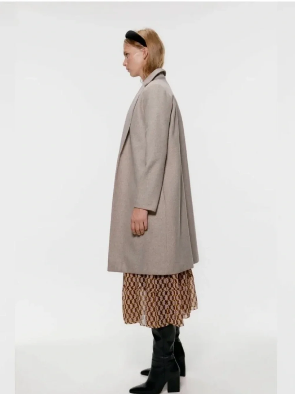 Zara Long Lapel Coat Oatmeal Beige Open Front Minimalist Coat Size M